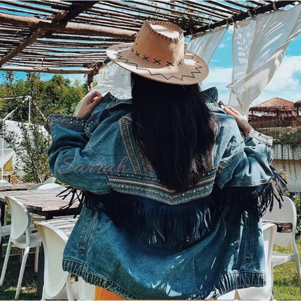 New Bohemian Western Fringe Detailed Embroidered Oversized Denim Jean Jacket - Picture 3 of 12